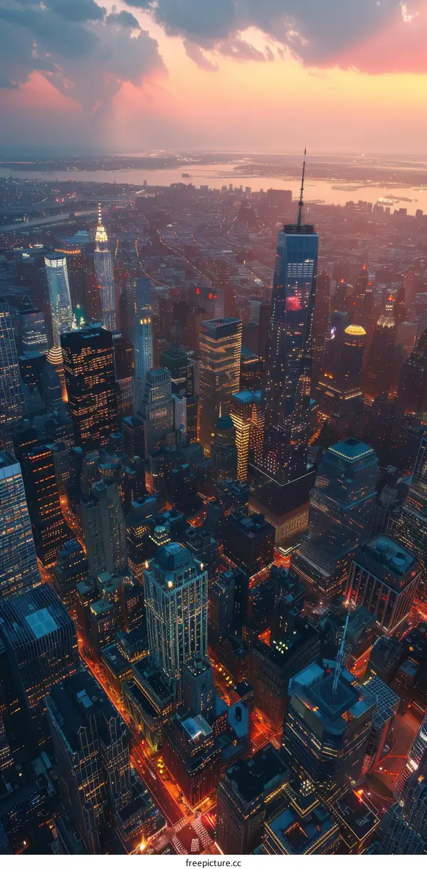 Aerial View of New York City Skyline at Sunset
