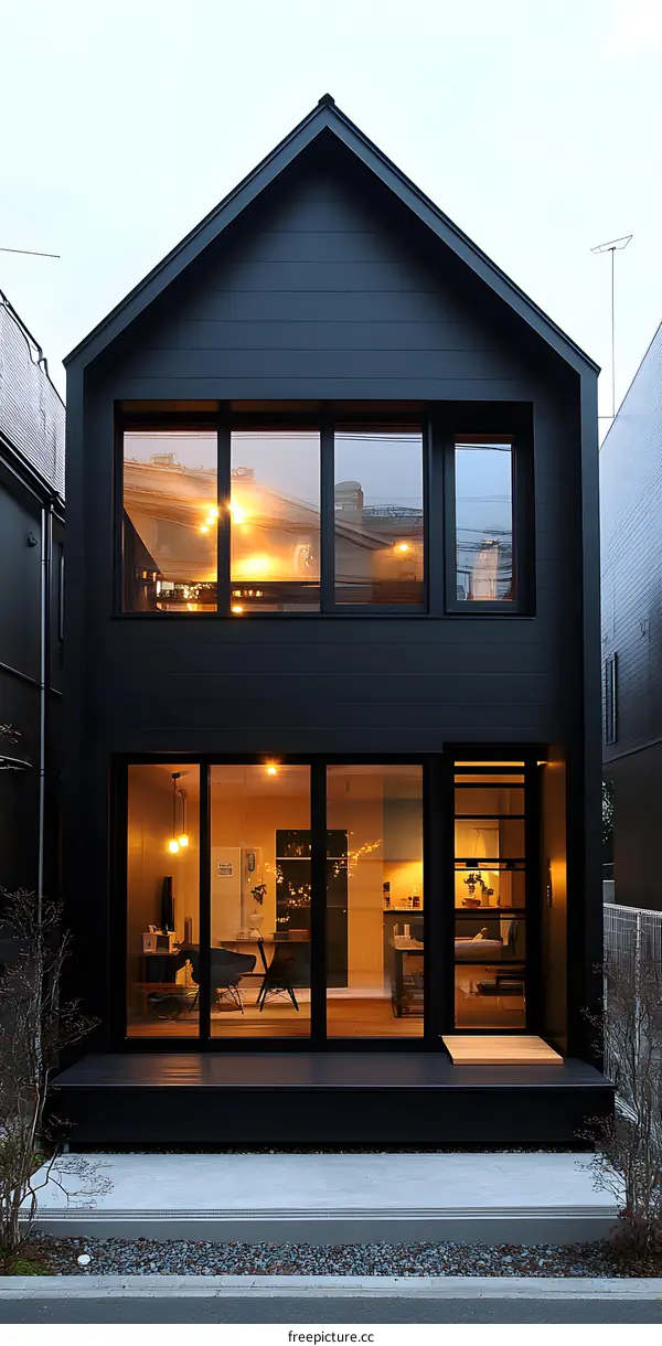 Modern Black House With Large Windows and Warm Lighting