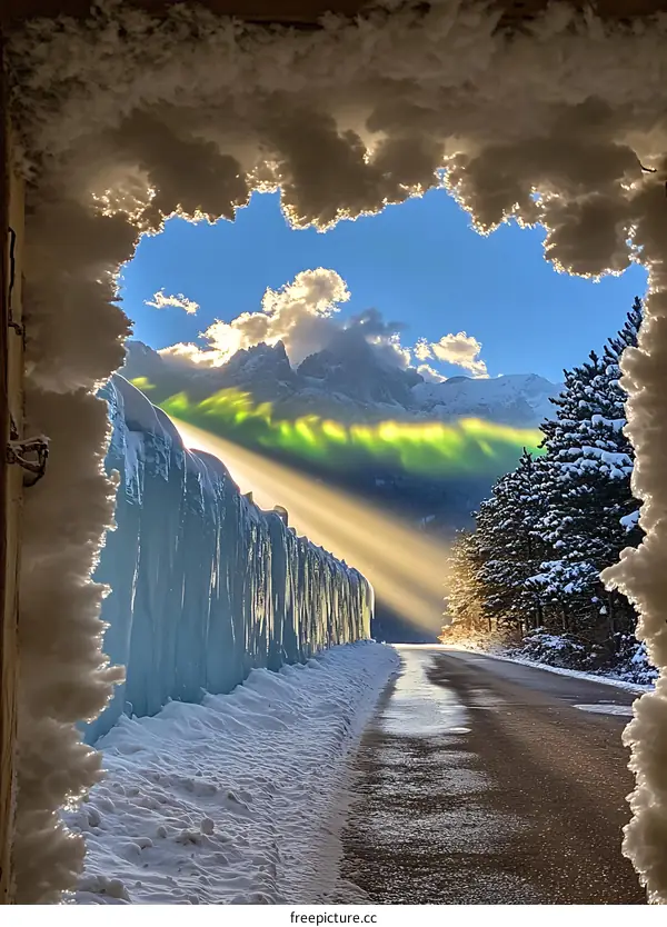 Snowy Mountain View Through Icy Window Frame