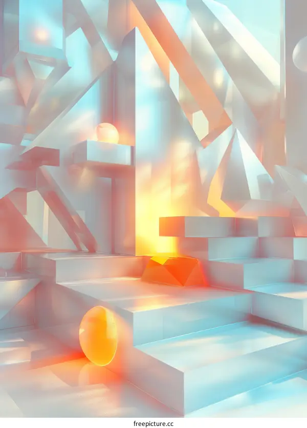 3D rendering of geometric shapes with orange glowing spheres