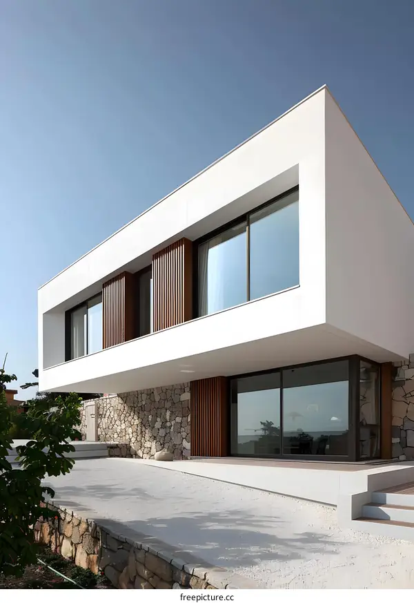 Modern White House with Stone Wall and Wooden Accents