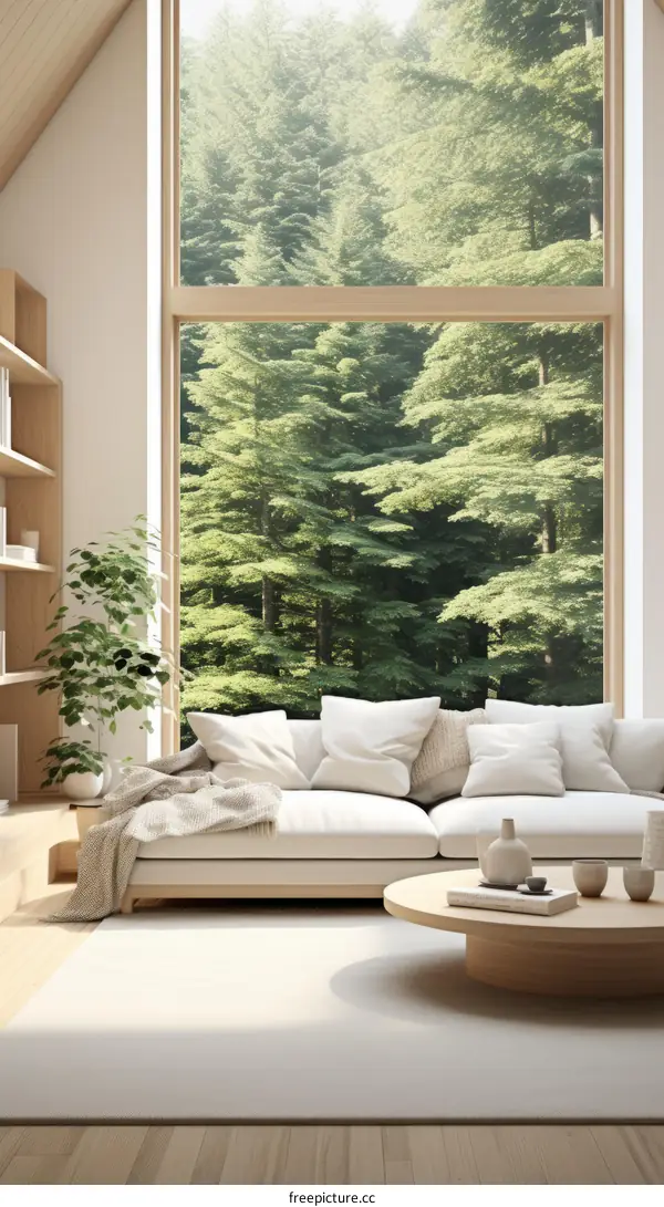 Modern living room interior with large windows and forest view