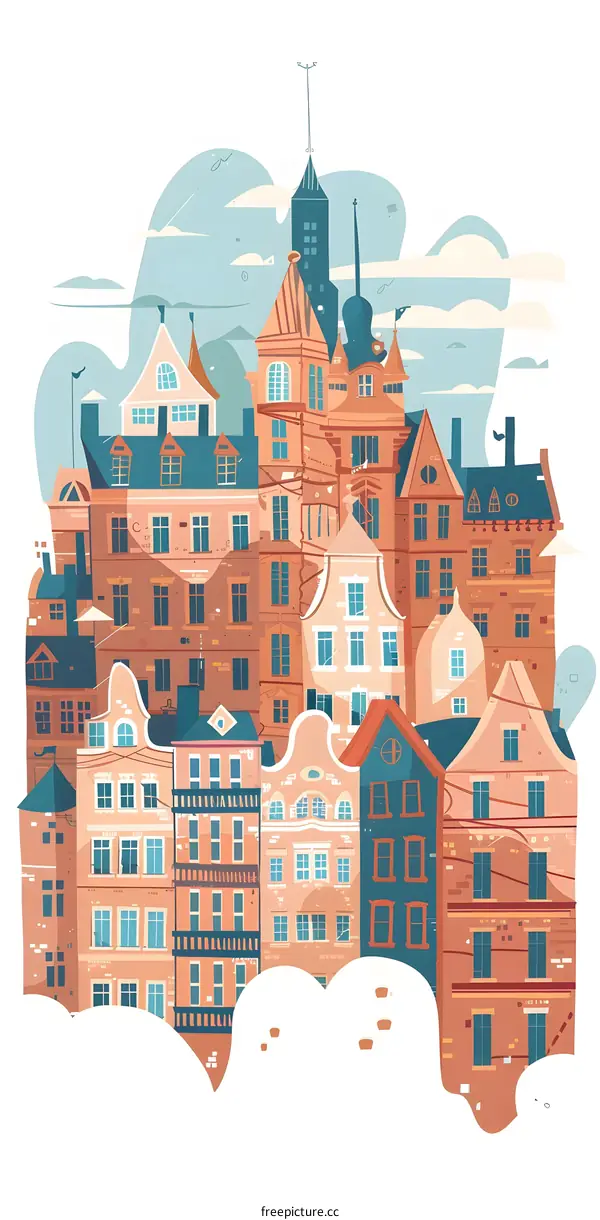 Illustrated Colorful Cityscape with Tall Buildings and Clouds