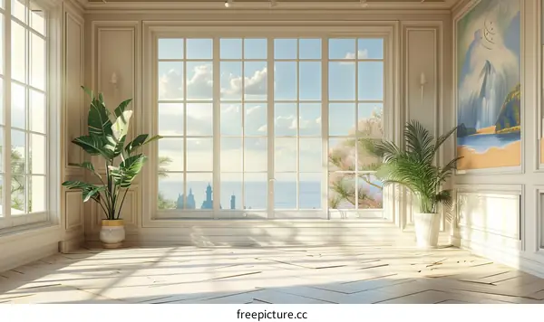 Spacious and Well-Lit Living Room with Bay Windows and Greenery