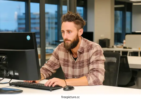 Caucasian Man Working on a Computer in Modern Office