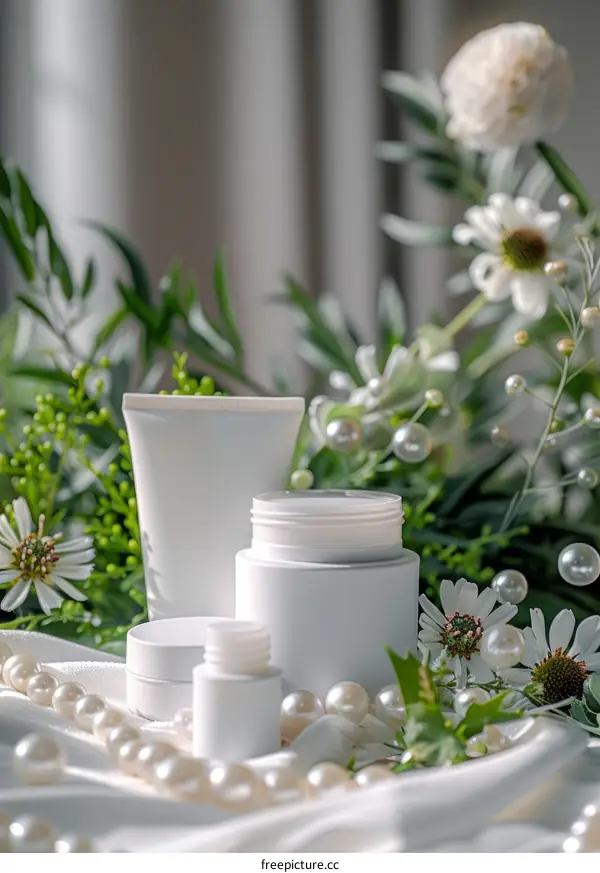 Natural skincare products with chamomile flowers