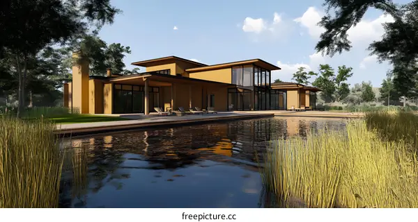 Modern House with a Pool and Grass