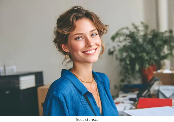 Smiling Woman in a Blue Shirt