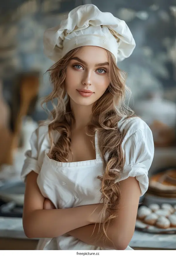 portrait of a beautiful young woman in a chef's hat and apron