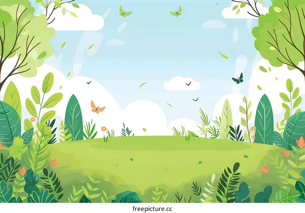 Springtime Nature Landscape with Green Grass and Butterflies