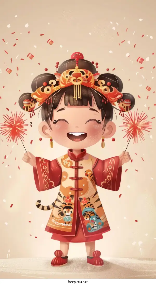 Cute cartoon girl in a red cheongsam holding two sparklers