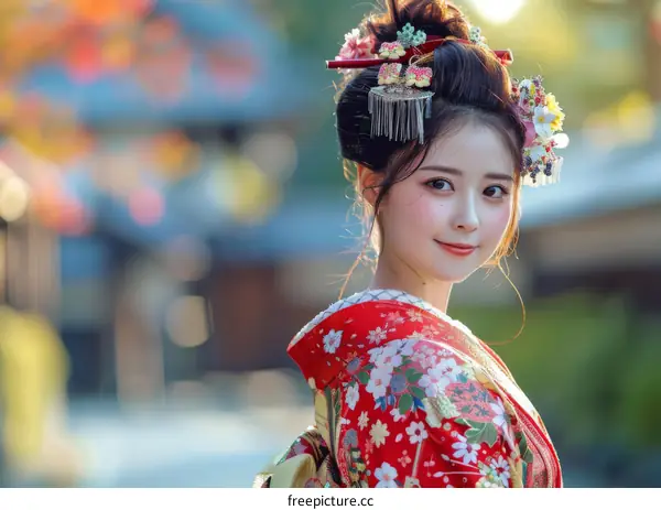 Portrait of a beautiful Japanese woman in traditional kimono