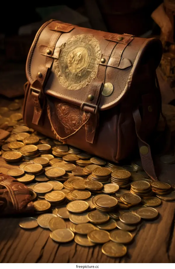 Leather Bag Filled with Gold Coins