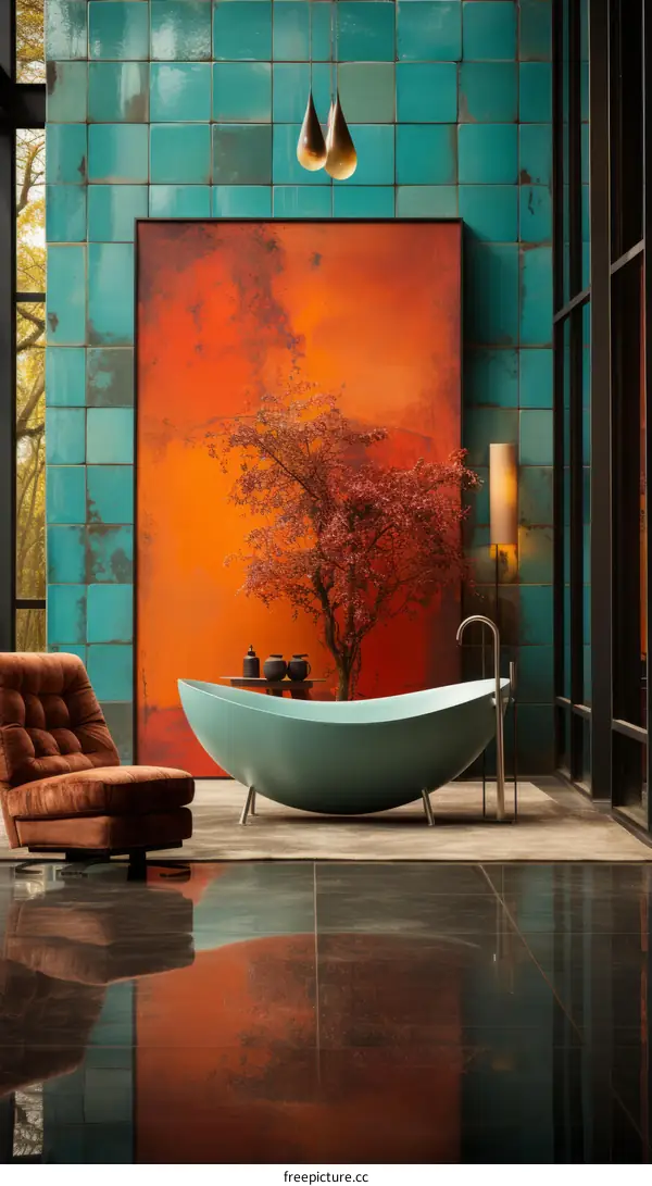 Luxurious Teal Bathroom with Large Orange Tree Painting
