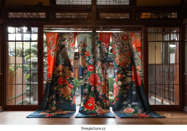 Three Japanese vintage kimono with floral patterns