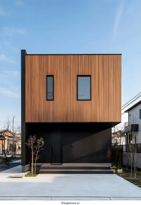 Modern House with Wooden Siding and Black Accents