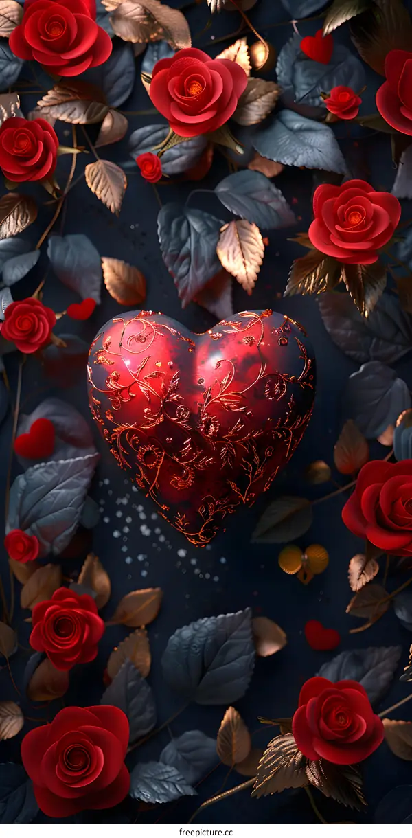 A heart of red roses and gold patterns