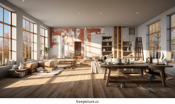 A large room with a wooden table and a ladder