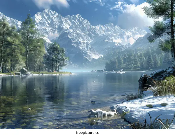 Mountain Lake Serenity: Snow-Capped Peaks and Tranquil Waters