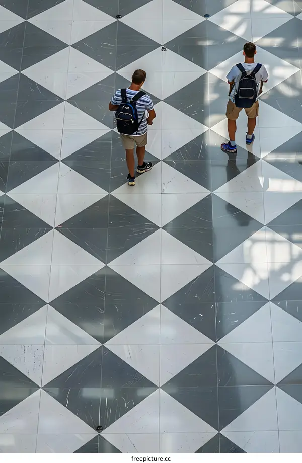 Two Men Walking On A Checkered Floor