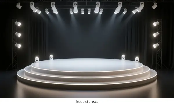 Empty Circular Stage with Bright Spotlights and Black Curtains