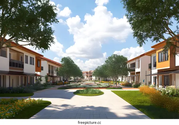 Modern Architecture Design of Residential Complex with Green Spaces and People