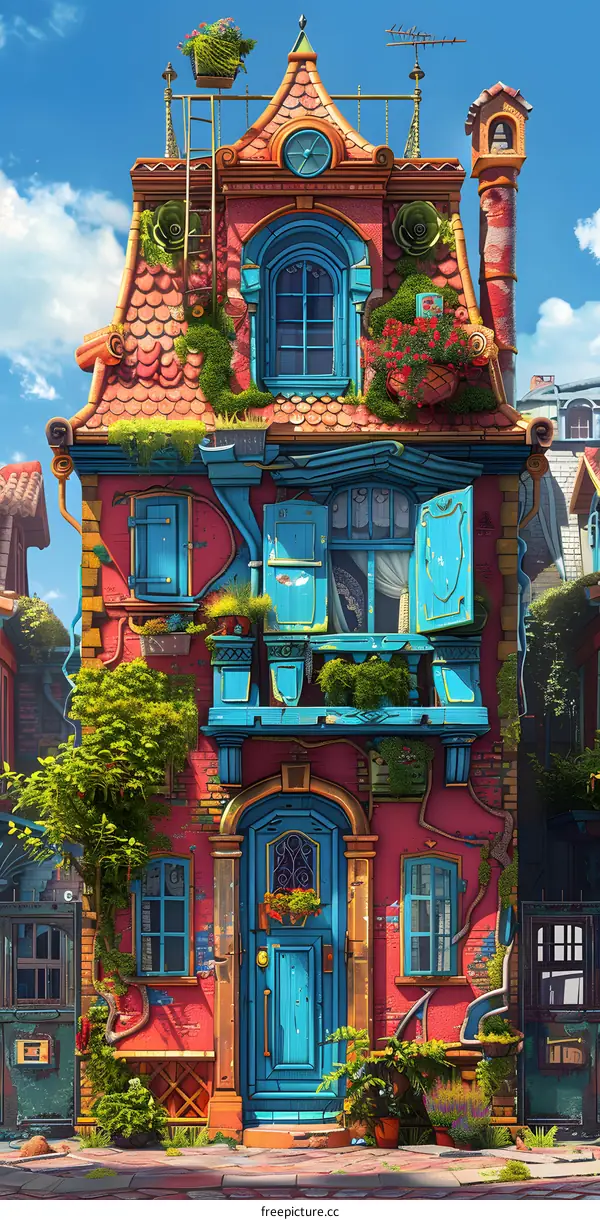 A colorful and whimsical house with a blue door and lots of plants growing on it