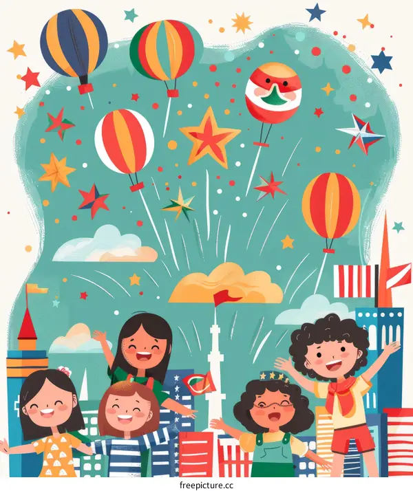 Illustration of Children Celebrating Togetherness with Fireworks and Balloons