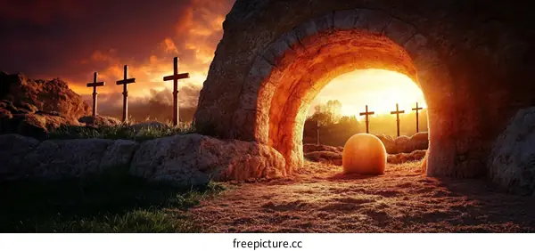 Empty Tomb at Sunrise Religious Scene