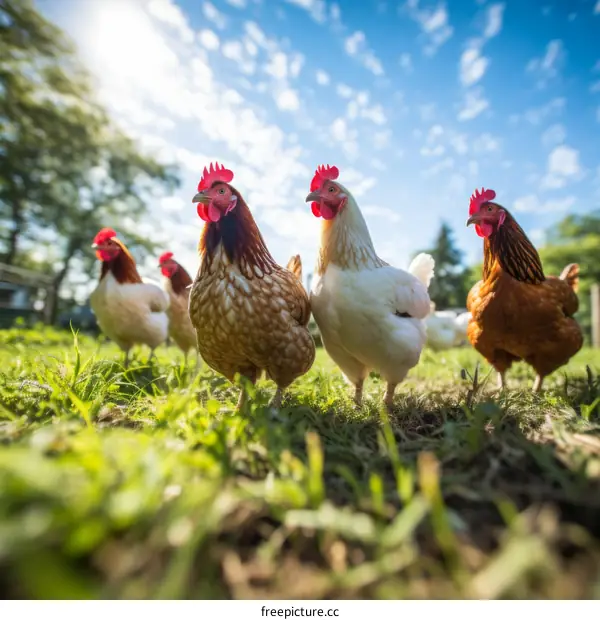 A group of free range chickens on a grassy field looking at the camera