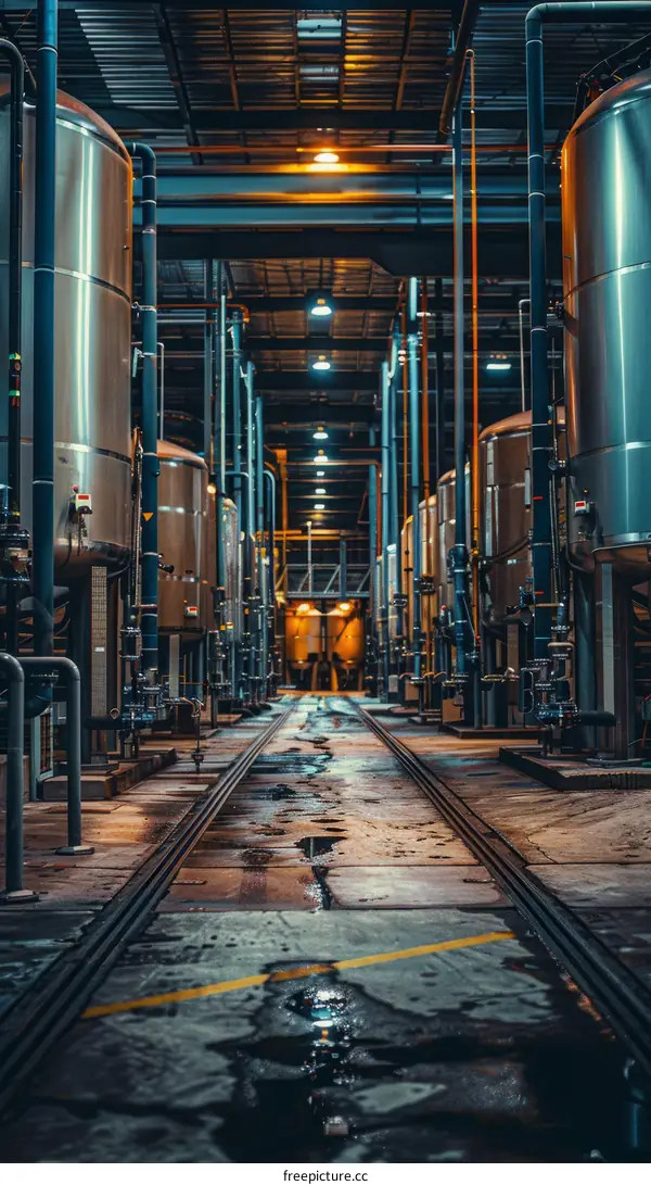 factory workshop with large metal vats and pipes