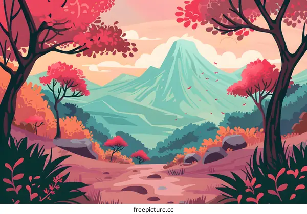 Mountain Landscape With Trees and Birds Flying