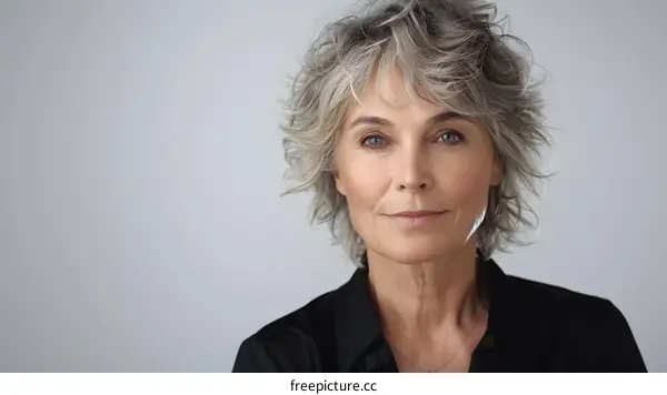 Portrait of an Older Woman with Grey Hair and Blue Eyes