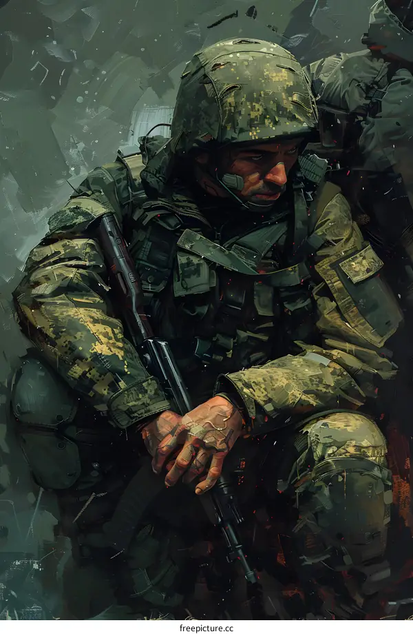 A soldier wearing a green and brown camouflage uniform kneels on the ground, holding a gun.