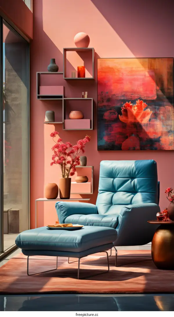 Blue modern chair in living room with pink wall