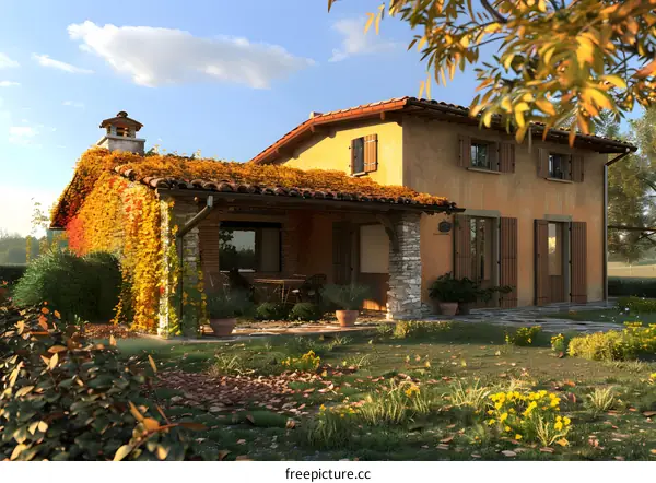 Autumnal Cottage with Stone Columns and Yellow Walls