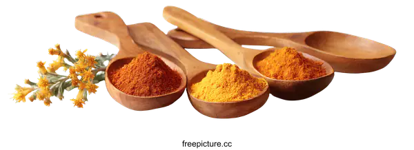 [Transparent Background PNG]Colorful Spice Powders in Wooden Spoons