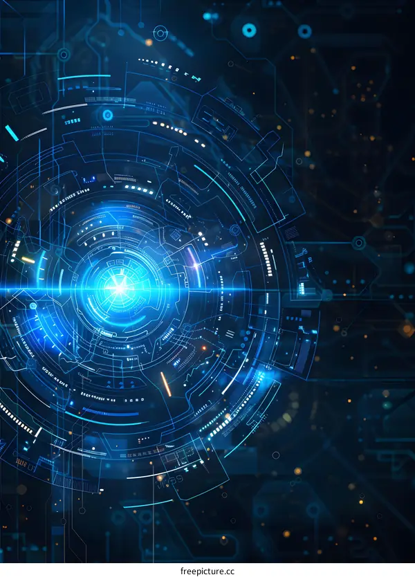 Blue technology background with a glowing circle in the center