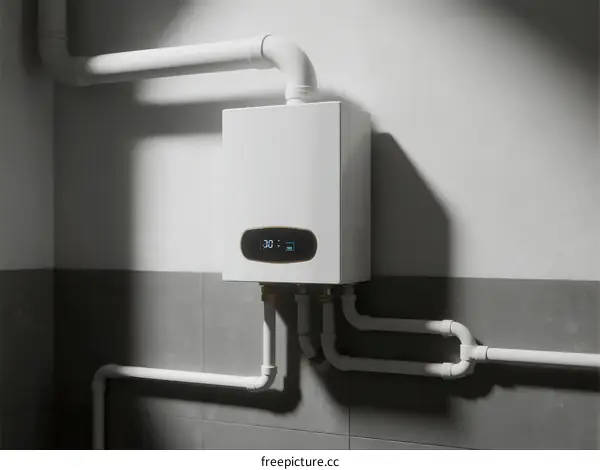 White gas water heater with digital display and connecting pipes