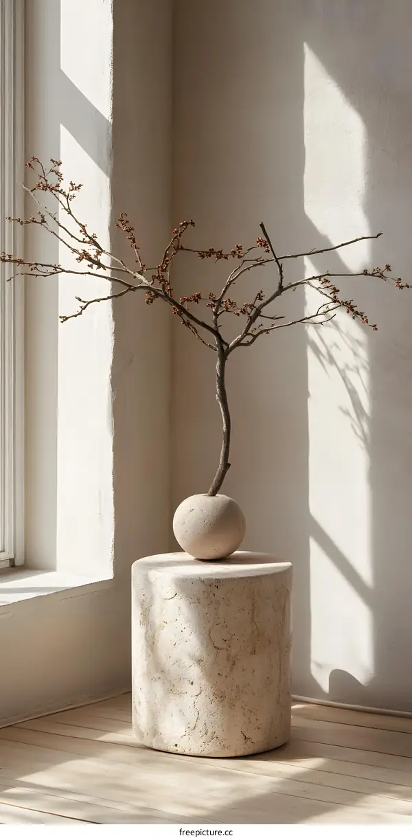 Dried Branch in Stone Vase on Table Near Window