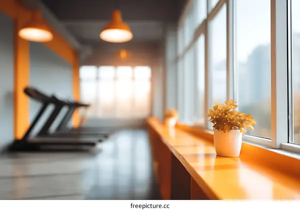 Modern Fitness Center Interior with Treadmills and Sunlight