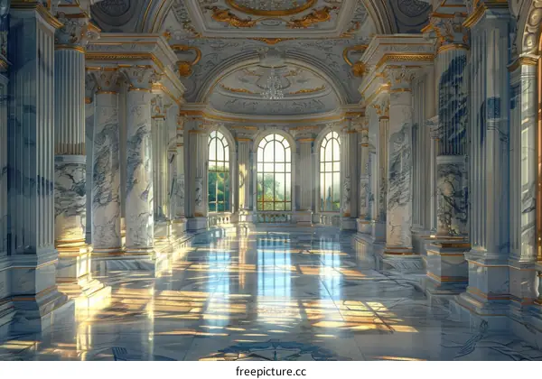 Grand Ballroom with Marble Columns and Large Windows