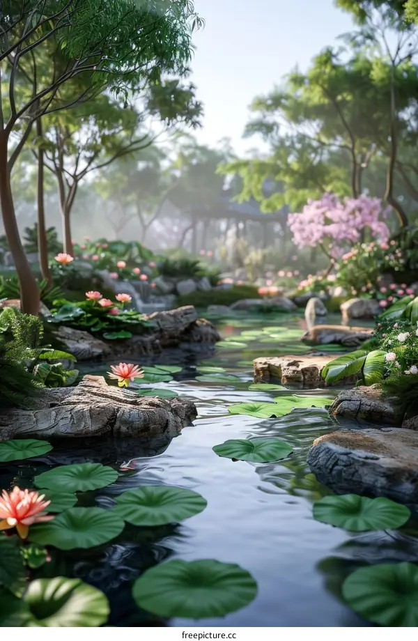 Chinese Landscape with Pavilion, Lotus Pond, and Bridge