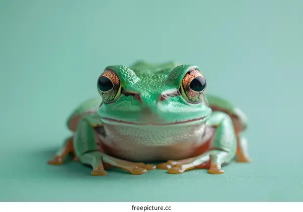 A green frog sits on a green background