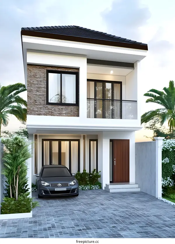 Modern Two Story Home Exterior Design With Car