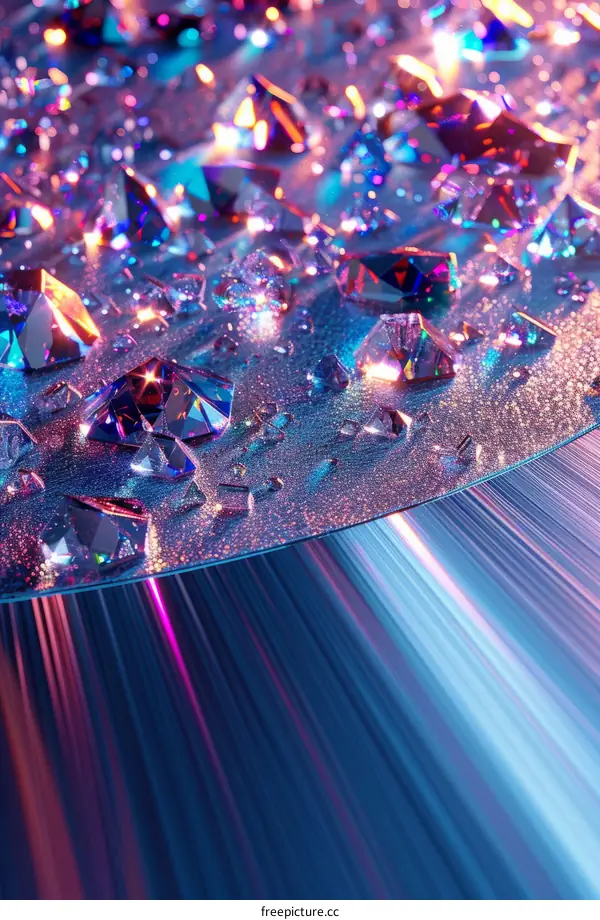 Colorful Crystals Scattered Randomly on a Reflective Blue Background