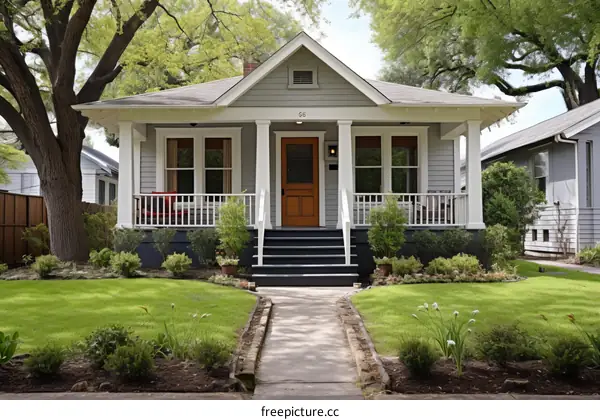 Charming Gray House with Large Front Porch and Green Lawn