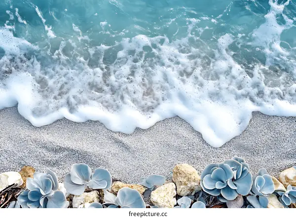 Ocean Waves Crashing on Sandy Beach with Lush Green Foliage