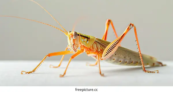A macro photo of a green and orange lubber grasshopper