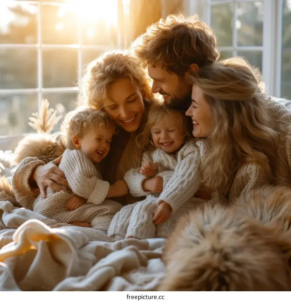 Family of four in warm clothing sitting on a bed and smiling